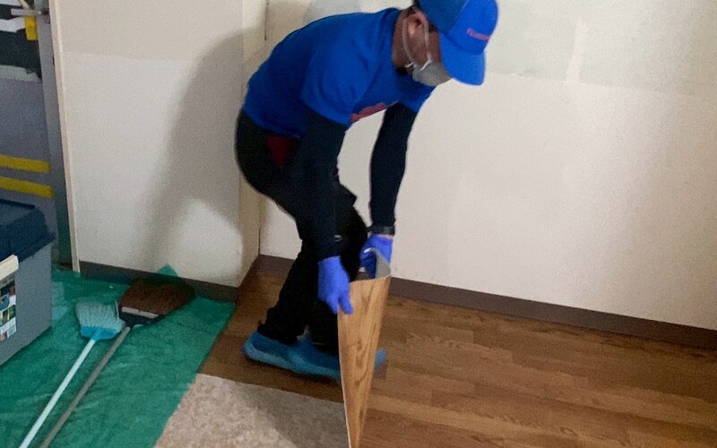 養生した室内で、傷んだ床材を剥がして撤去するスタッフ