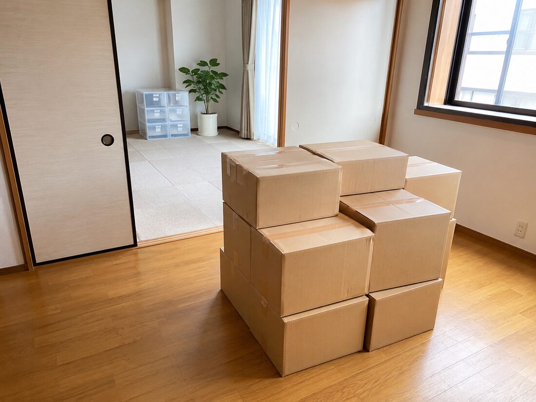 搬出を待つ、梱包を終えた段ボール箱
