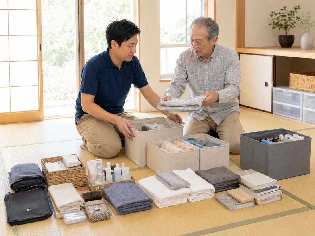 和室でお品を一点ずつ確認しながら仕分けするスタッフとお客様