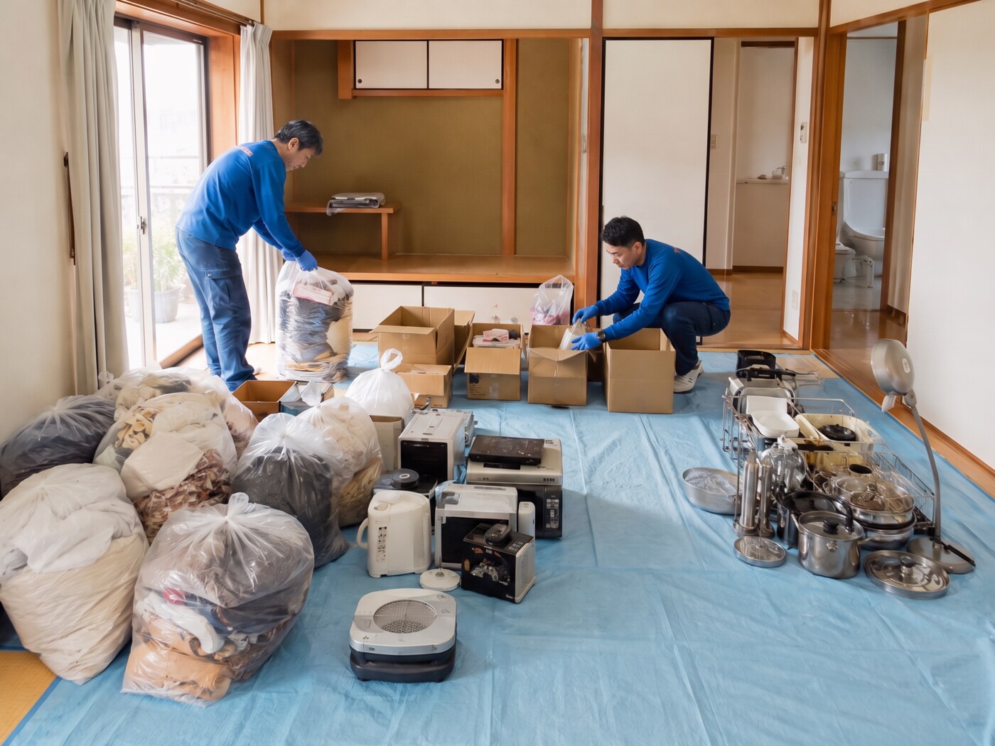 分別して袋にまとめた不用品
