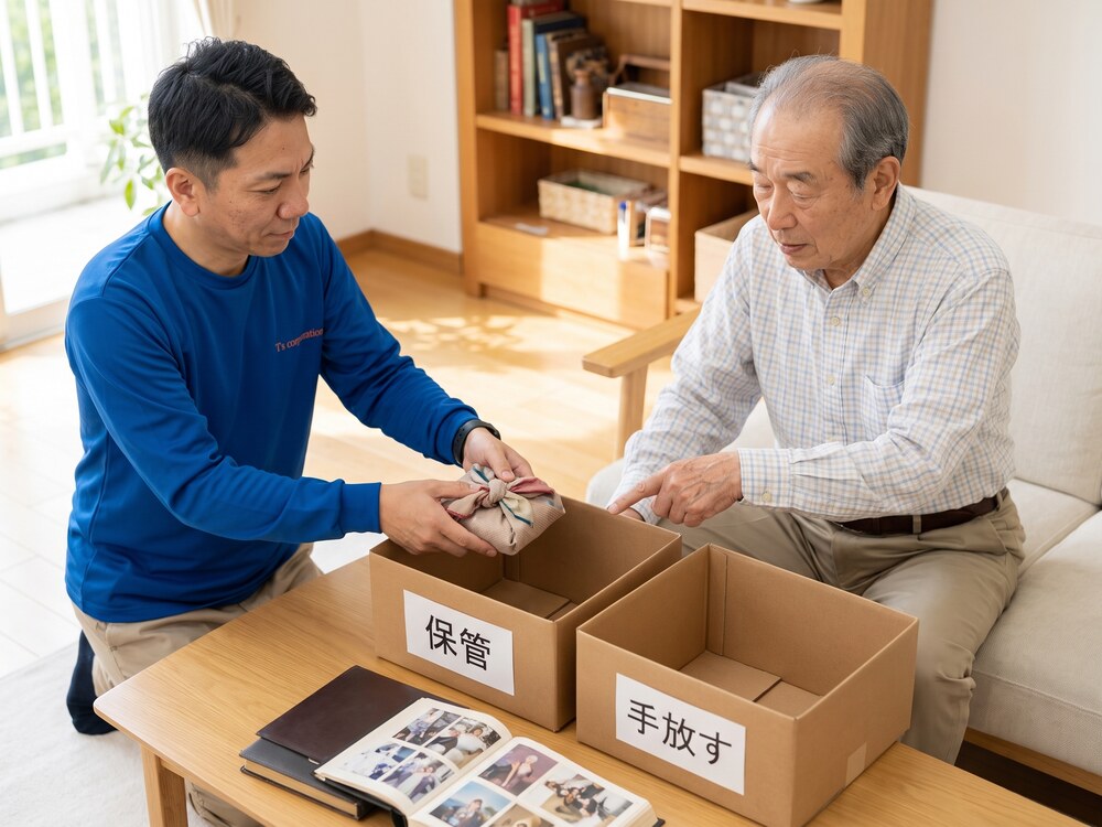 ご本人と一緒にお品を3つに仕分けるスタッフ