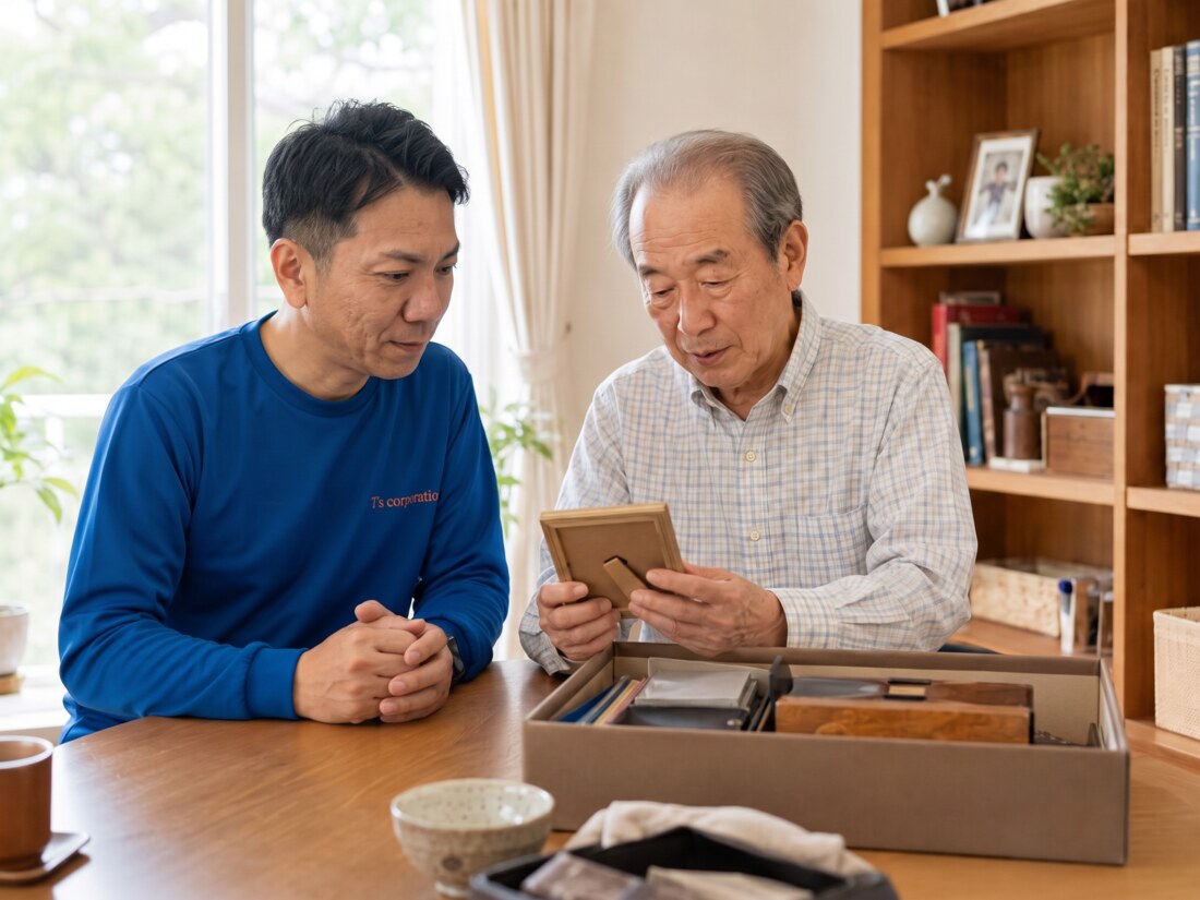 ご本人と一緒に思い出のお品を確認し、残すか手放すかを考えるスタッフ