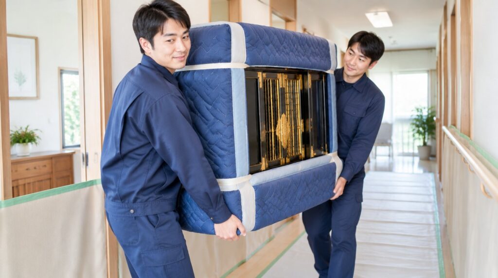 養生したお仏壇を二人で丁寧に運び出すスタッフ