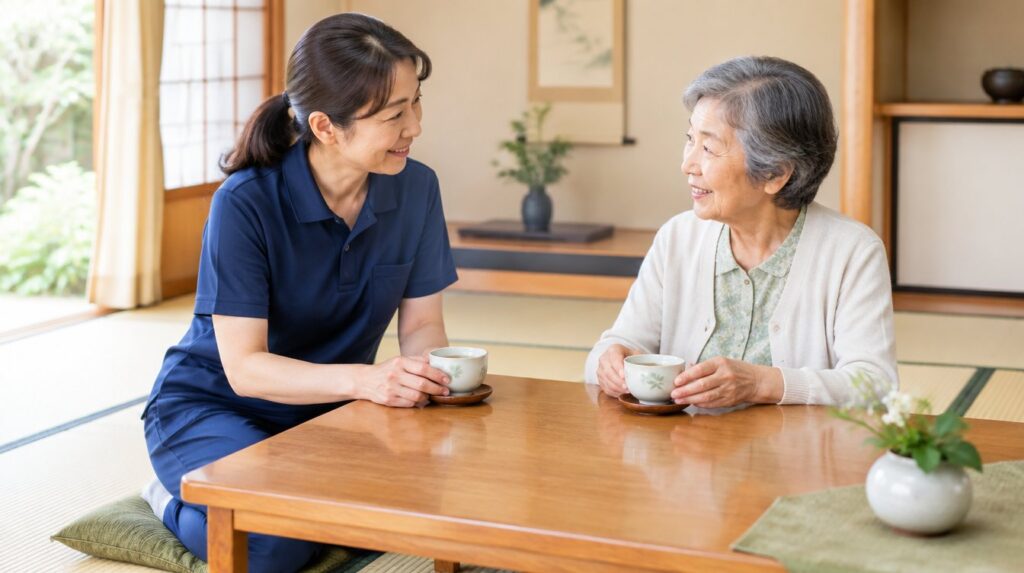 お仏壇のことを和室で相談するご依頼者とスタッフ