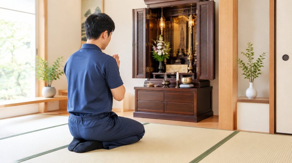 お仏壇の前で手を合わせるスタッフ