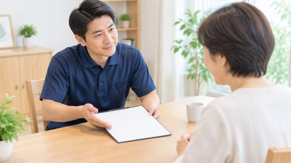 消臭にかかる期間と費用をスタッフがご依頼者に説明する様子