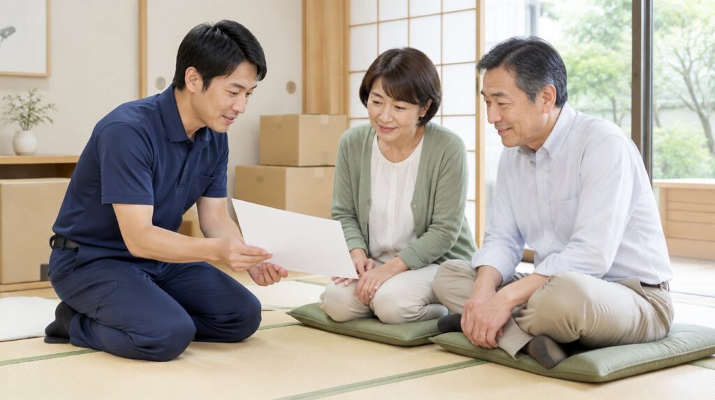 片付けの費用を家族とスタッフで確認する様子