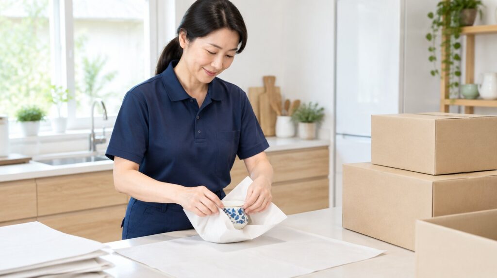 遺品整理で食器を一点ずつ丁寧に包むスタッフ