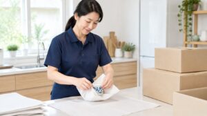 遺品整理で食器を一点ずつ丁寧に包むスタッフ