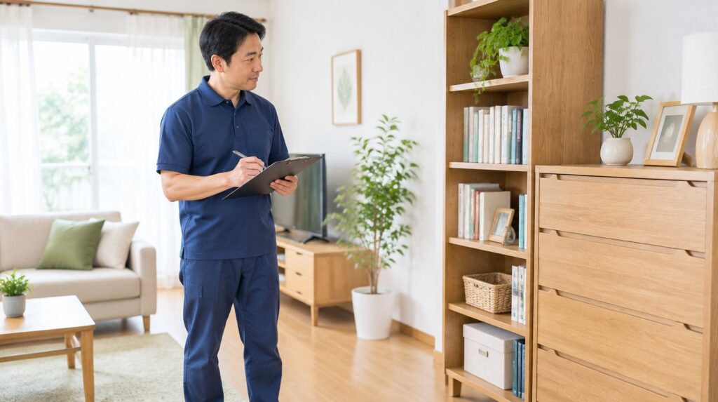 お部屋の荷物量を確認して見積もりの要素を確かめるスタッフ