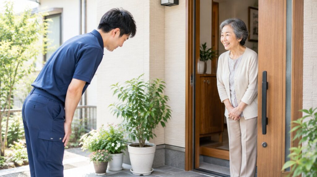 ご自宅の玄関先でご依頼者に一礼するスタッフ