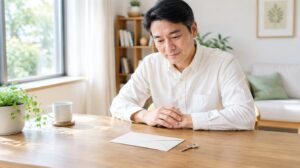 相続放棄を考え書類と鍵を前に落ち着いて考える男性