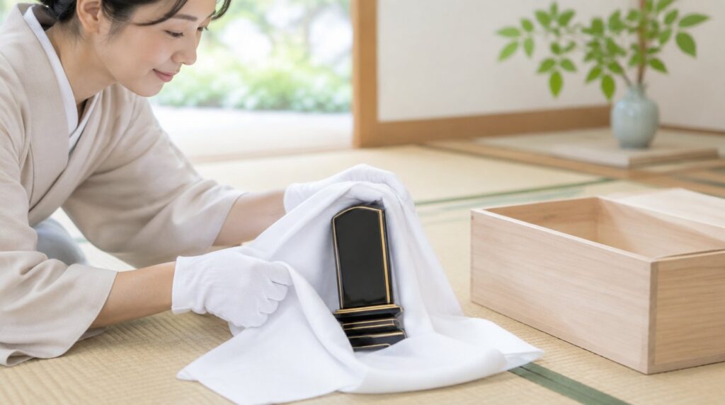 お焚き上げのためにお位牌を白い布で丁寧に包む様子