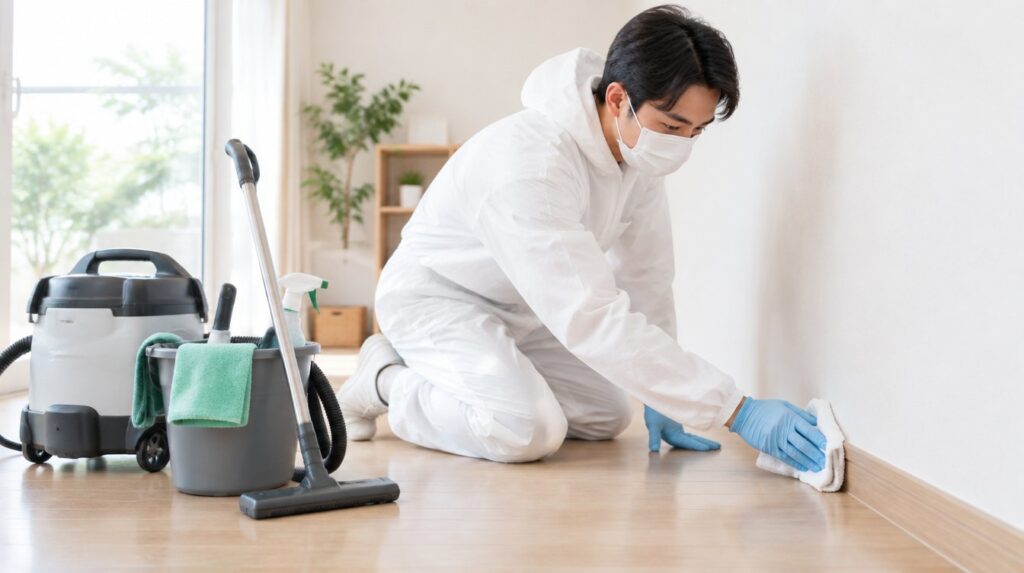 防護服の専門スタッフが壁や床の下地まで清掃・消臭する様子