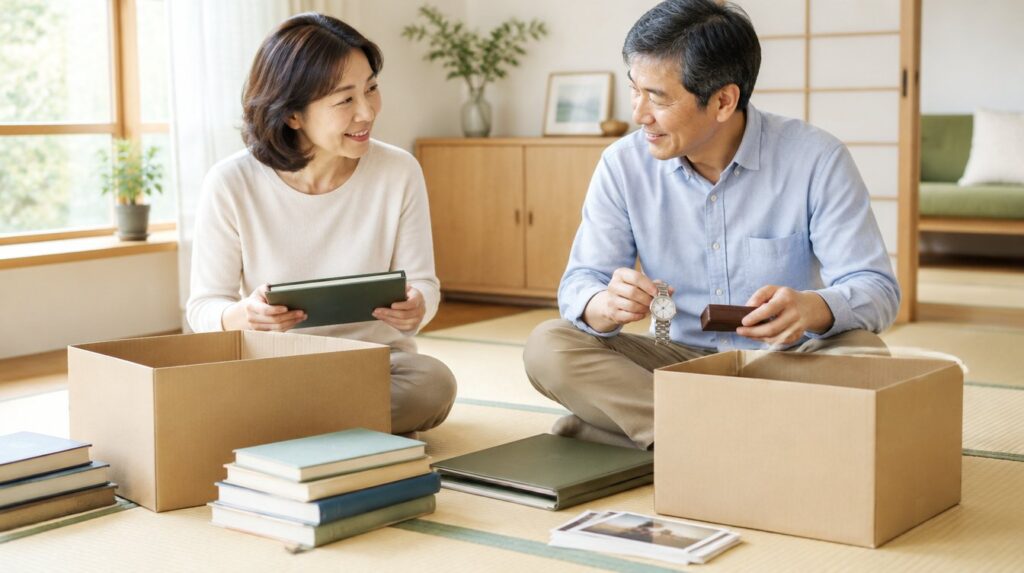 ご家族で形見の品を先に仕分けて費用を抑える様子