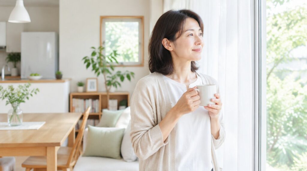 相談を終えて安心した表情で窓辺に立つ女性