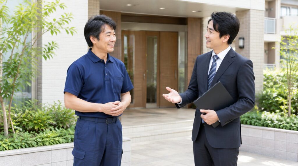 相続放棄後のお部屋についてマンションの管理会社と話すスタッフ