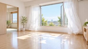 消臭・オゾン脱臭を終えて窓を開けた明るく清潔な空室