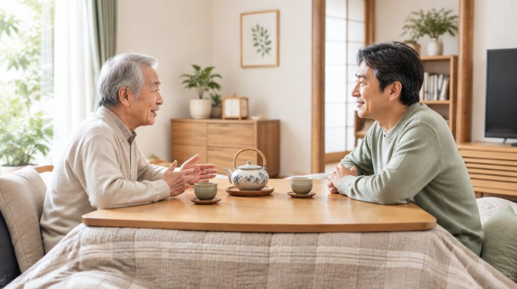 親御さんに片付けを穏やかに切り出す様子